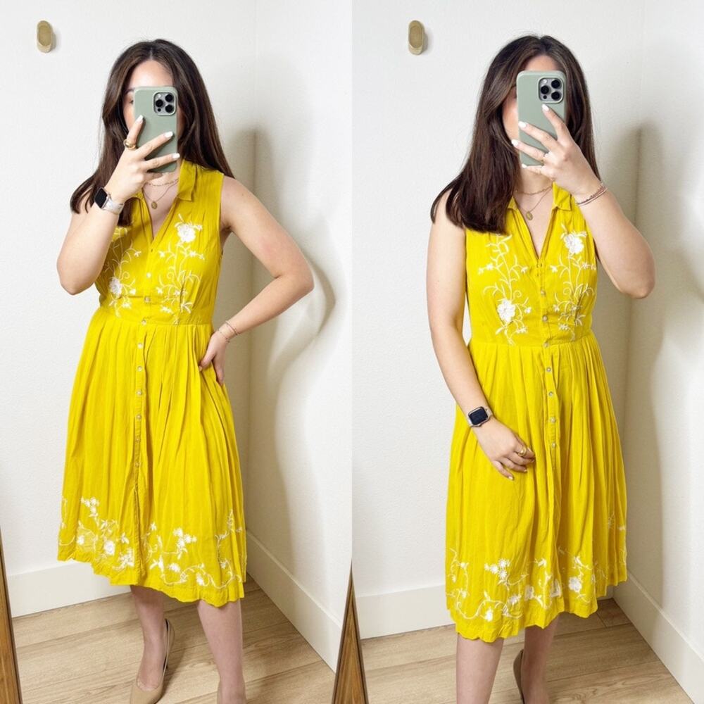 Anthropologie Moulinette Soeurs Spiraea Yellow Floral Embroidered Buttoned Dress
